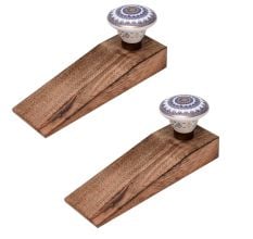 2 Pieces Blue & Golden Wheel Pattern Flat Ceramic Wooden Door Stopper